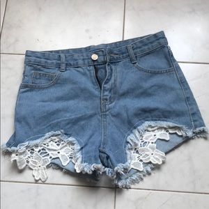 Crochet frayed denim shorts